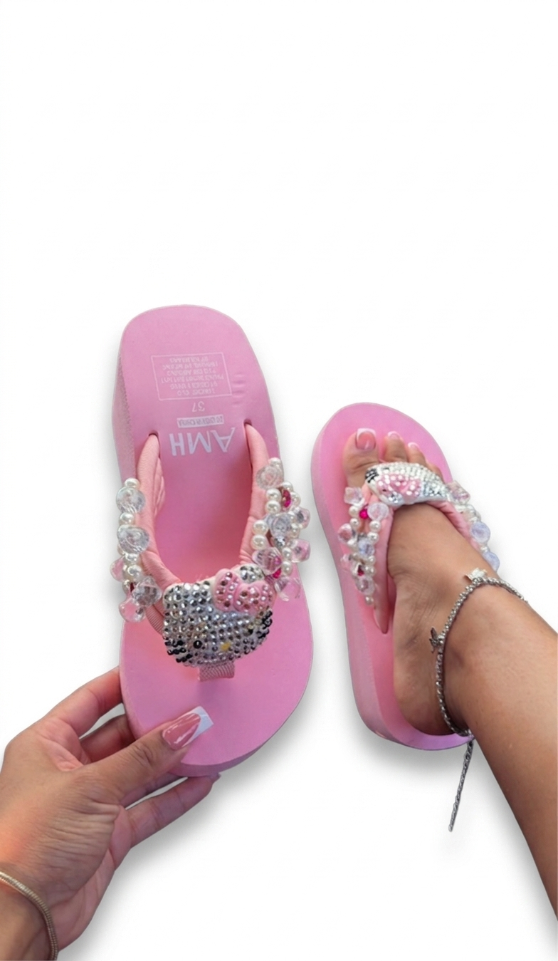 Pink Crystal Kitty Flip Flops